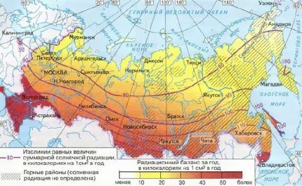 Karta insolacije - tok sunčevog zračenja u Rusiji 